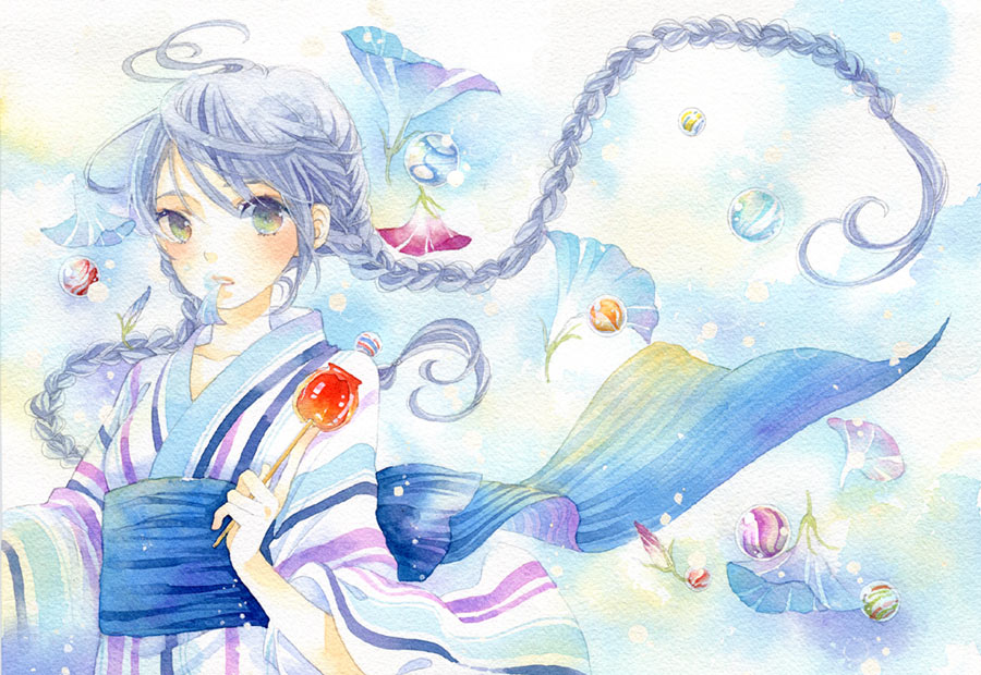 1girl blue_flower braid flower grey_hair holding japanese_clothes kimono long_hair looking_at_viewer marble original parted_lips solo traditional_media twin_braids upper_body watercolor_(medium) yuufuushi