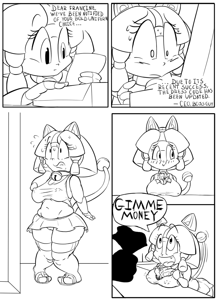 bottomwear breasts cleavage clothed clothing collar domestic_cat duo embarrassed erect_nipples exhibitionism felid feline felis female female/female francine_manx hi_res humanoid mammal miniskirt nipples panties partially_clothed polly_esther samurai_pizza_cats skirt stabbzycat underwear