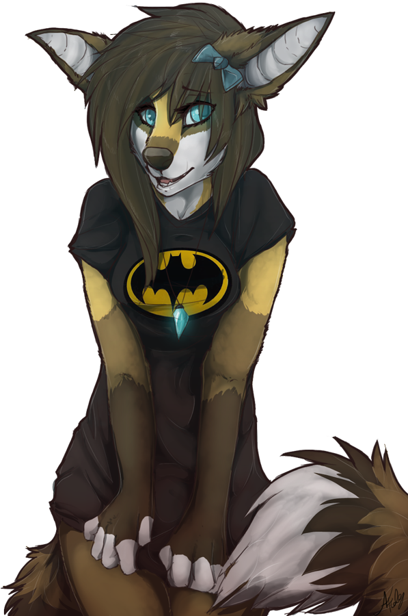 accessory alpha_channel anthro batman batman_(series) blue_eyes brown_hair canid canine clothing dc_comics dipstick_tail female fox hair hair_accessory hair_ribbon jewelry looking_at_viewer mammal mudpiie multicolored_tail necklace open_mouth ribbons shirt simple_background solo t-shirt topaz_(lipton) topwear transparent_background