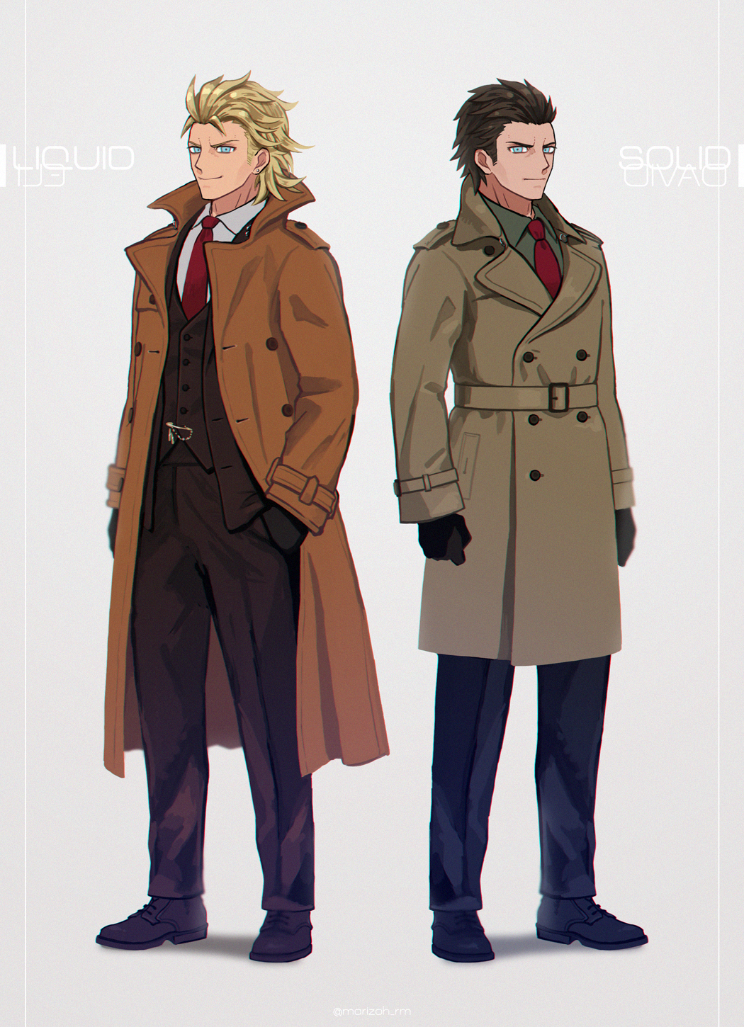 2boys alternate_costume black_gloves blonde_hair blue_eyes brothers brown_hair character_name chromatic_aberration coat collared_shirt earrings film_grain formal full_body gloves green_shirt hand_in_pocket highres jewelry liquid_snake long_sleeves male_focus mayuzumi metal_gear_(series) metal_gear_solid multiple_boys necktie red_neckwear serious shirt short_hair siblings simple_background smirk solid_snake standing suit twitter_username vest white_background white_shirt