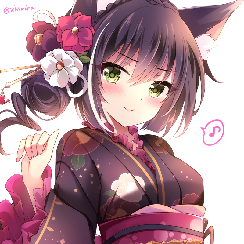 1girl animal_ear_fluff animal_ears artist_name bangs black_hair black_kimono blush cat_ears cat_girl closed_mouth collar eyebrows_visible_through_hair flower flower_knot frilled_collar frilled_sleeves frills green_eyes hair_between_eyes hair_flower hair_ornament hand_up ichiyou_moka japanese_clothes karyl_(princess_connect!) kimono long_sleeves looking_at_viewer medium_hair multicolored_hair musical_note obi princess_connect! princess_connect!_re:dive print_kimono sash sidelocks smile solo streaked_hair upper_body white_background wide_sleeves