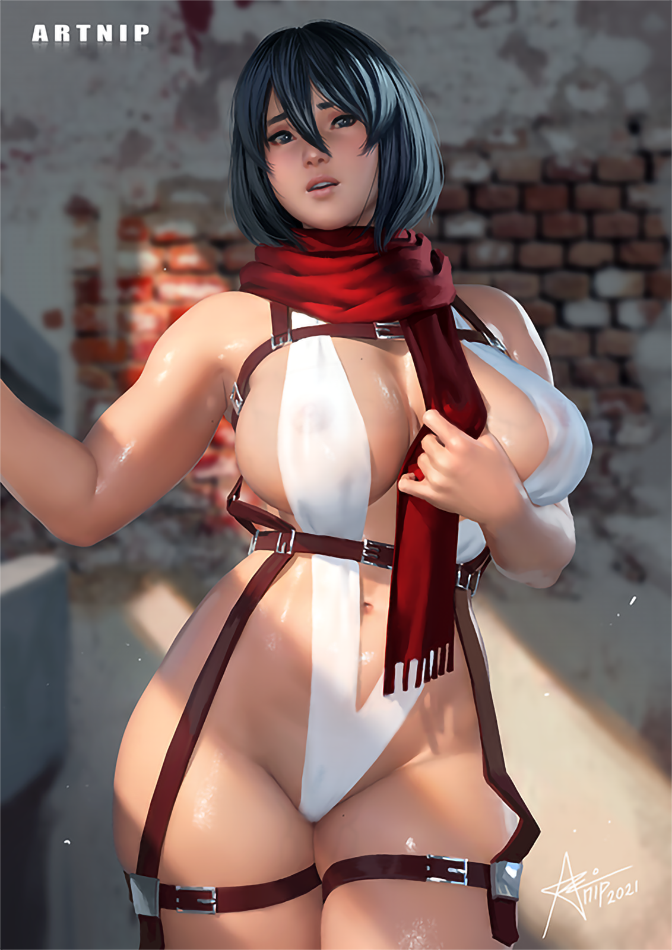 1girl alternate_breast_size artnip between_breasts black_eyes black_hair blurry blurry_background breasts brick_wall cleavage curvy english_commentary hair_between_eyes indoors large_breasts legs_together lips looking_at_viewer mikasa_ackerman navel nipples parted_lips realistic red_scarf scarf see-through shingeki_no_kyojin shiny shiny_skin skindentation slingshot_swimsuit solo standing swimsuit thick_thighs thighs three-dimensional_maneuver_gear upper_teeth white_swimsuit