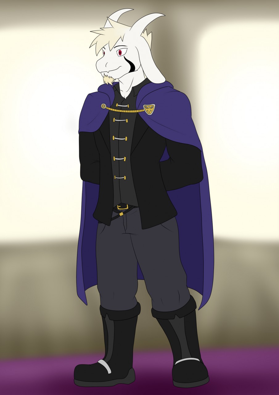 anthro asriel_dreemurr blonde_hair boots bovid cape caprine cloak clothing facial_hair flameydragwasp footwear goat goatee hair hi_res male mammal solo undertale video_games