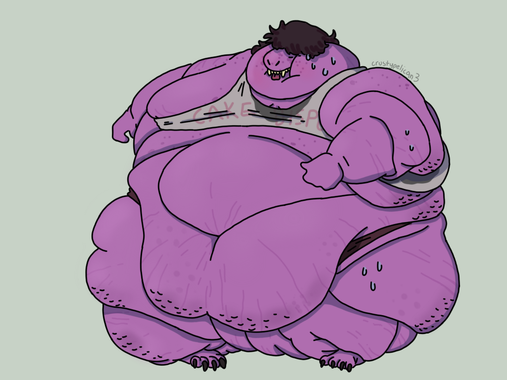 4:3 anthro barefoot belly big_belly bodily_fluids cellulite chubby_cheeks clothed clothing crustypelican3 deltarune dewlap_(anatomy) double_chin fat_arms female flabby_arms humanoid hyper hyper_belly morbidly_obese morbidly_obese_female obese obese_female overweight overweight_female puffed_cheeks scalie skimpy solo stretch_marks susie_(deltarune) sweat thick_thighs video_games