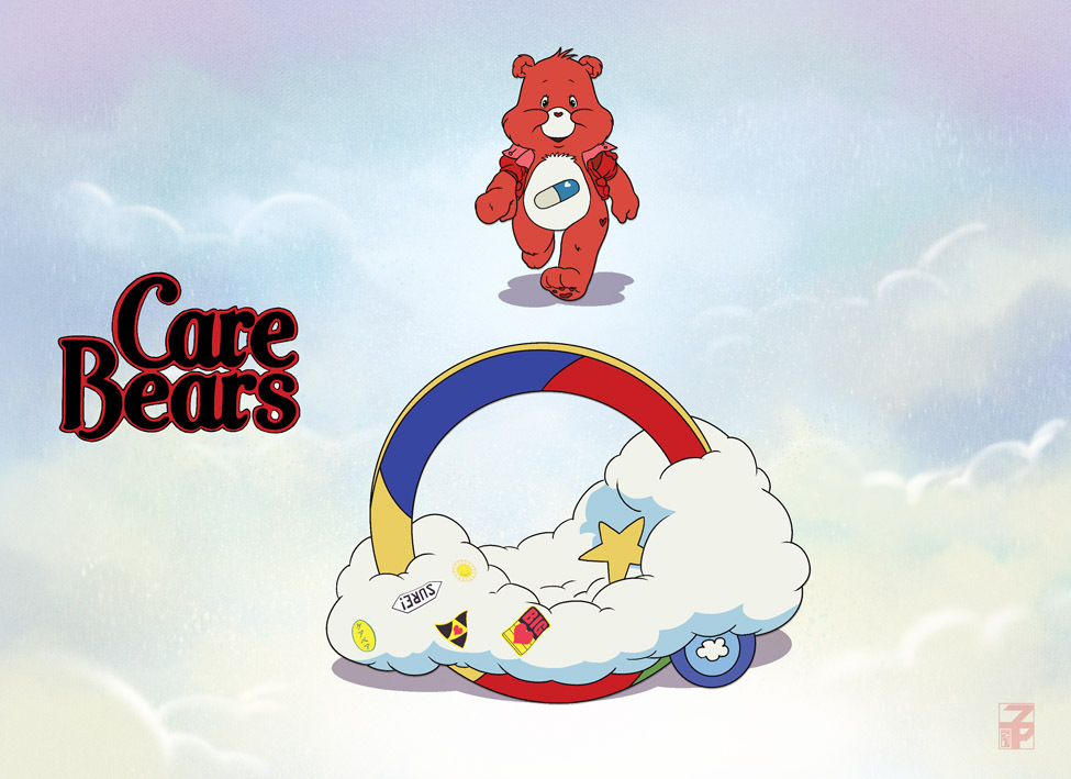 &lt;3 akira_(film) ambiguous_gender anthro care_bears clothing cloud crossover drugs dyemooch english_text fur jacket mammal parody pills red_body red_clothing red_fur red_jacket red_topwear signature solo stickers text toony topwear ursid vehicle