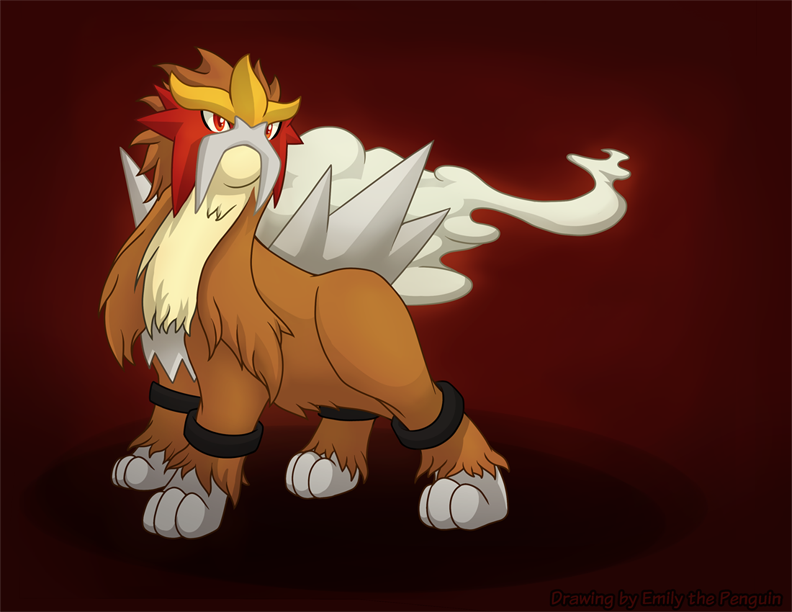 ambiguous_gender brown_body brown_fur chest_tuft emilythepenguin entei facial_tuft feral fur gradient_background legendary_pok&eacute;mon neck_tuft nintendo pok&eacute;mon pok&eacute;mon_(species) red_background red_eyes shadow simple_background solo spikes spikes_(anatomy) tuft video_games yellow_body yellow_fur