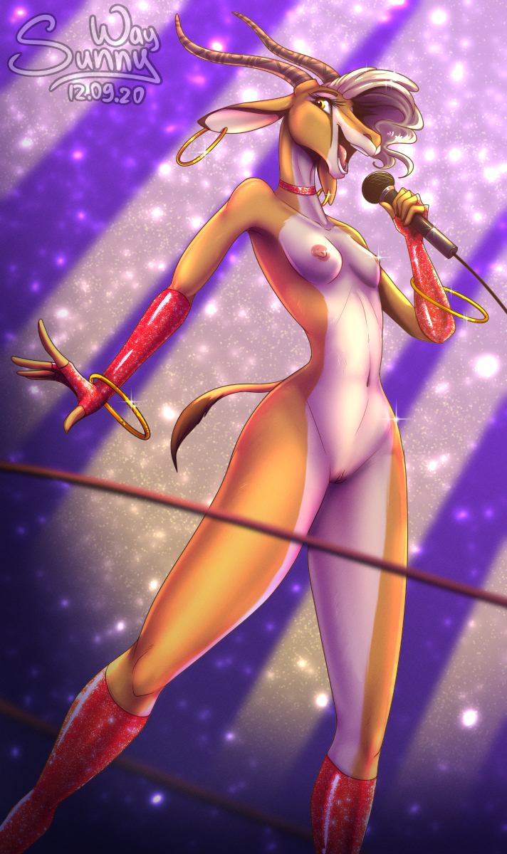 antelope anthro belly bovid breasts digital_drawing_(artwork) digital_media_(artwork) disney ear_piercing ear_ring female gazelle gazelle_(zootopia) genitals happy hi_res horn male mammal nipples nude patreon patreon_exclusive piercing pinup pinup_pose pose pussy singing solo sunny_way zootopia