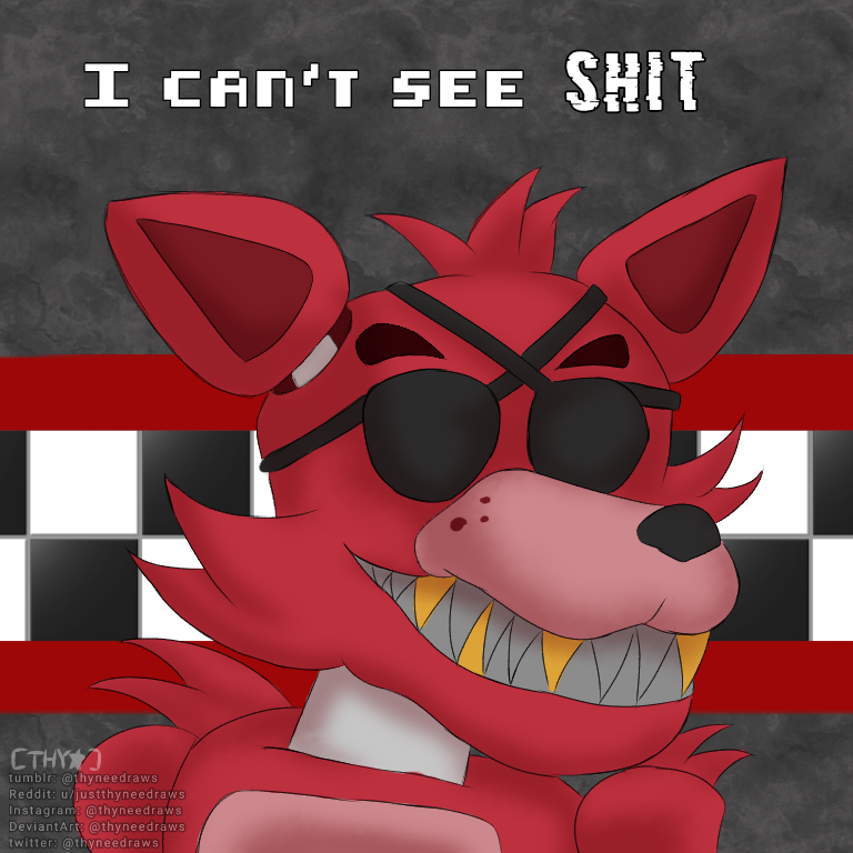 2021 animatronic anthro big_ears black_nose canid canine checkered_wall close-up english_text eye_patch eyes_covered eyewear five_nights_at_freddy's fox foxy_(fnaf) fur gold_(metal) gold_tooth grey_teeth hair humor i_can't_see_shit justthyneedraws machine male mammal meme multicolored_body pink_body pirate portrait red_body red_fur red_hair restaurant robot sharp_teeth short_hair smile solo teeth text video_games
