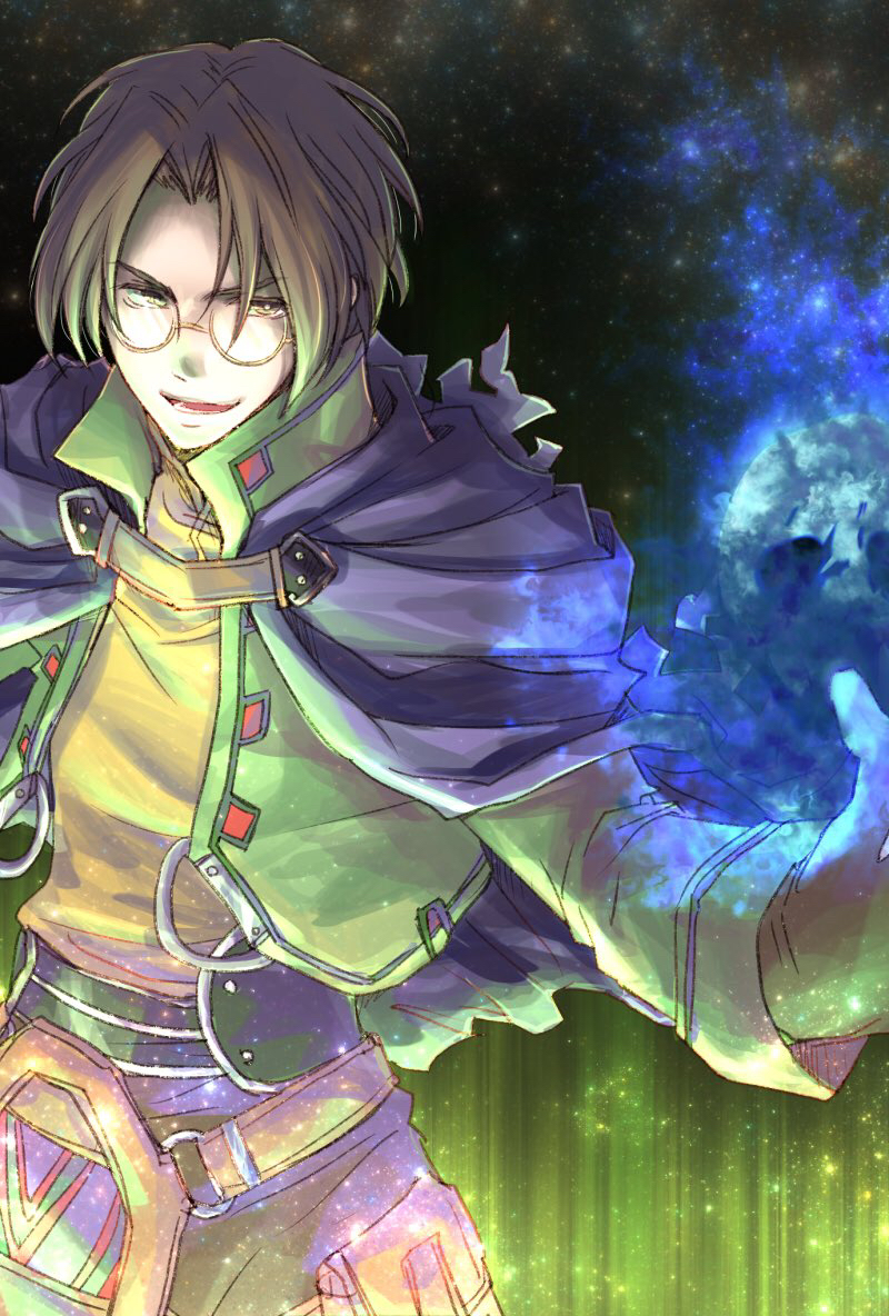 1boy belt belt_buckle buckle cape casting_spell glasses harushino lezard_valeth magic male_focus short_hair solo_focus spell valkyrie_profile