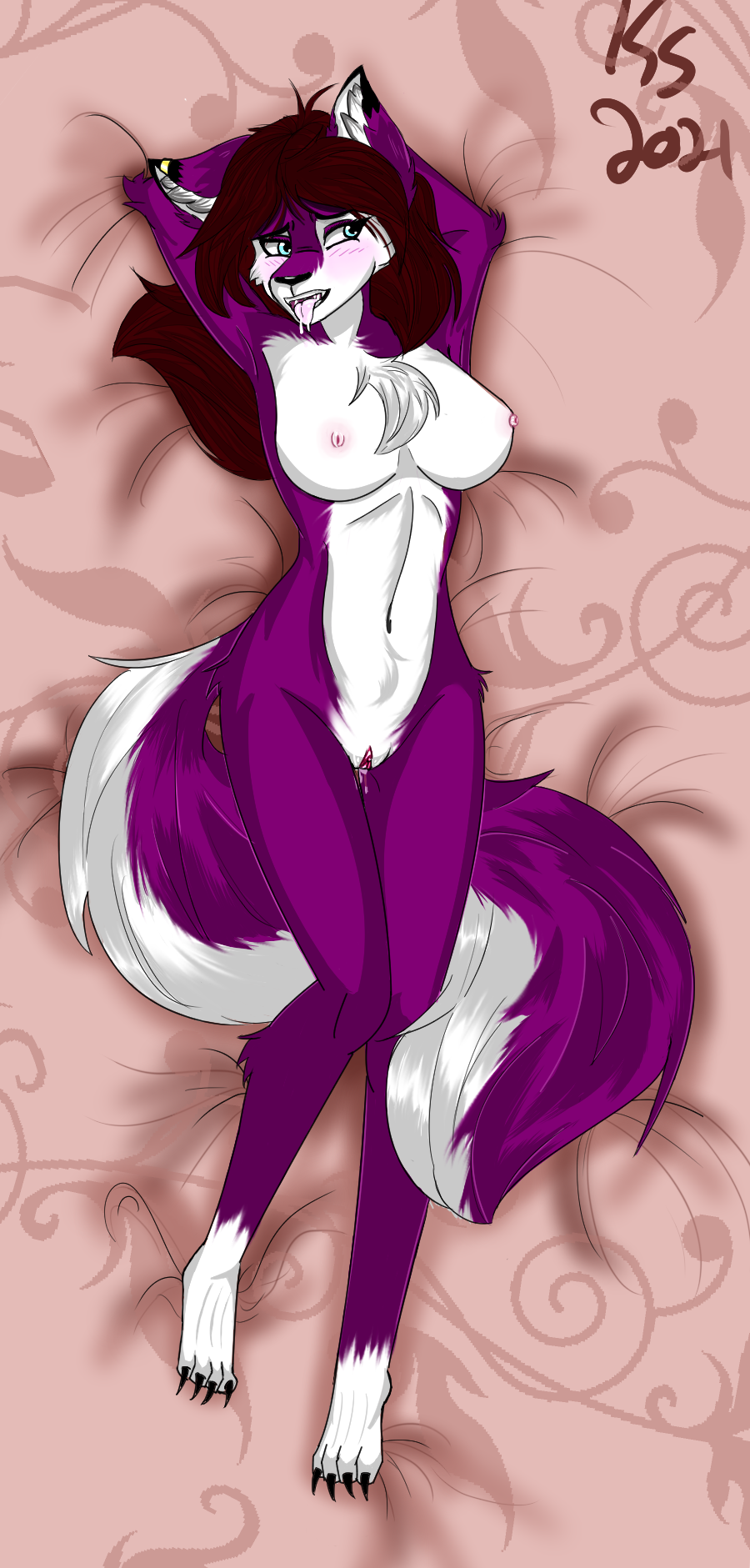 anthro bed bedroom big_breasts blue_eyes blush bodily_fluids breasts brown_hair canid canine cute_face dakimakura_design dripping ear_piercing female flustered fox fox_tail fur furniture genital_fluids genitals hair hi_res katrina_star lying magenta_fur mammal nipples nude on_back piercing pose pouf pussy pussy_juice solo tongue tongue_out white_body white_fur