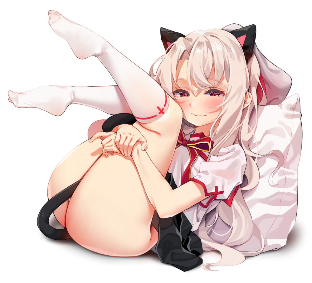 1girl agnamore animal_ears ass bangs black_skirt blush cat_ears cat_tail closed_mouth commentary_request extra_ears eyebrows_visible_through_hair fate/grand_order fate_(series) feet feet_up full_body hair_between_eyes half-closed_eyes holding_legs illyasviel_von_einzbern kneehighs legs_up long_hair looking_at_viewer lying no_shoes on_back pillow red_eyes shirt short_sleeves silver_hair simple_background skirt smile solo tail very_long_hair wavy_mouth white_background white_legwear white_shirt