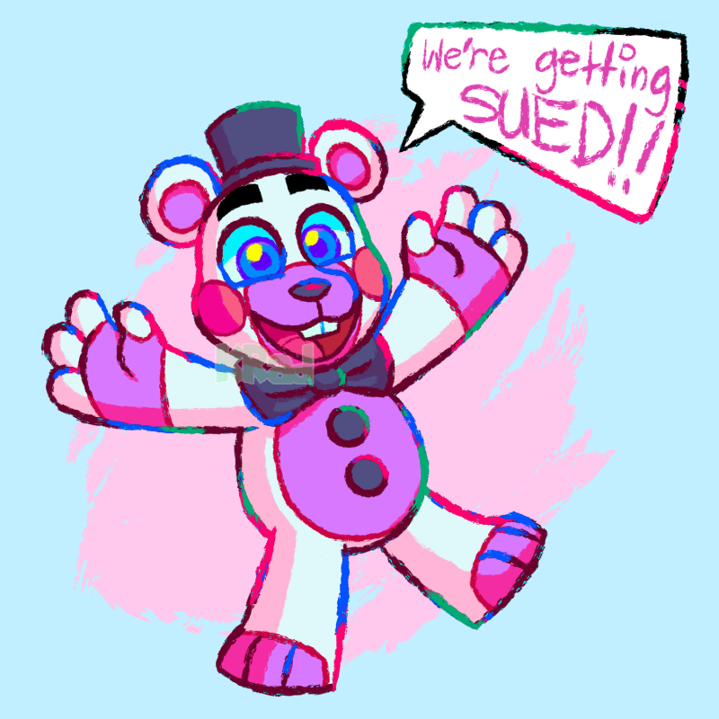 ! 2021 anthro barefoot black_nose blue_background blue_eyes bow_tie buckteeth clothing dialogue featureless_crotch five_nights_at_freddy's freddy_fazbear's_pizzeria_simulator happy hat headgear headwear helpy_(fnaf) male mammal multicolored_body open_mouth pink_background purple_body raised_arm raised_leg red_tongue round_ears simple_background smile solo speech_bubble teeth tongue toony top_hat unikhroma ursid video_games white_body yelling