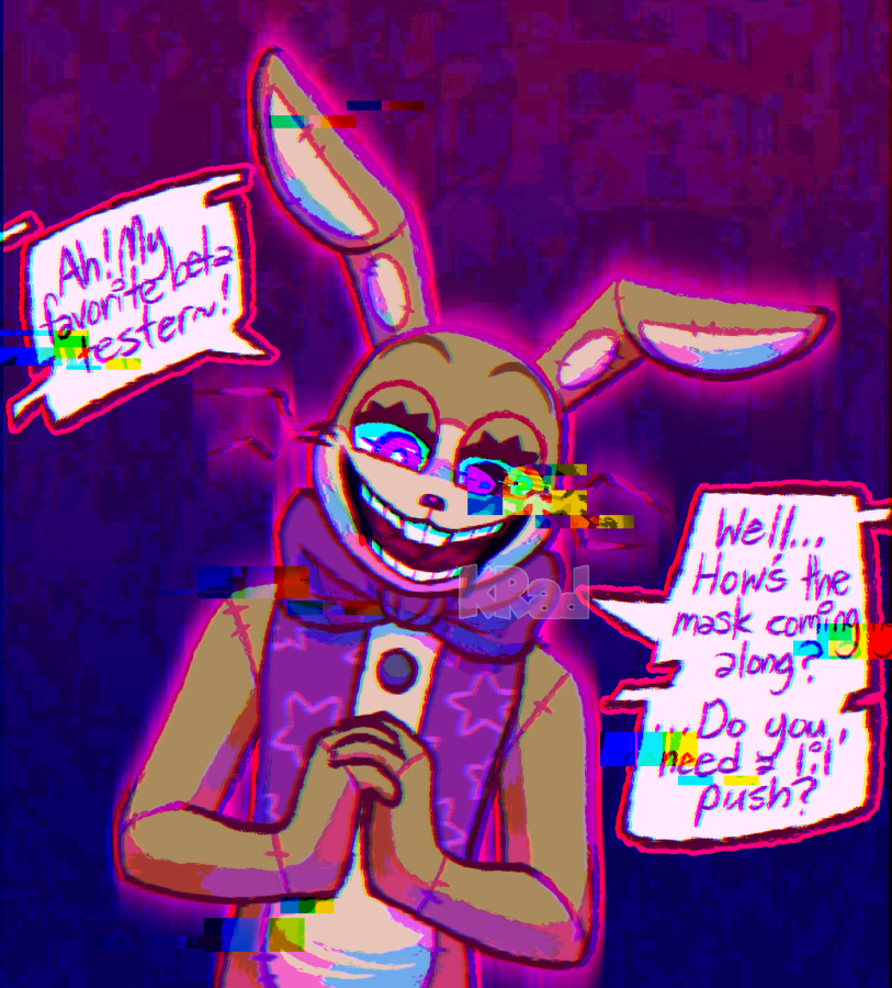 ! ... 2021 ? anthro black_nose blue_background brown_body buckteeth dialogue english_text eyelashes five_nights_at_freddy's five_nights_at_freddy's_vr:help_wanted fnaf_vr_help_wanted glitch glitchtrap half-closed_eyes lagomorph leporid long_ears long_whiskers looking_down male mammal multicolored_body narrowed_eyes open_mouth portrait purple_background purple_eyes question rabbit simple_background smile solo speech_bubble standing stitch_(sewing) tan_body teeth text unikhroma video_games whiskers