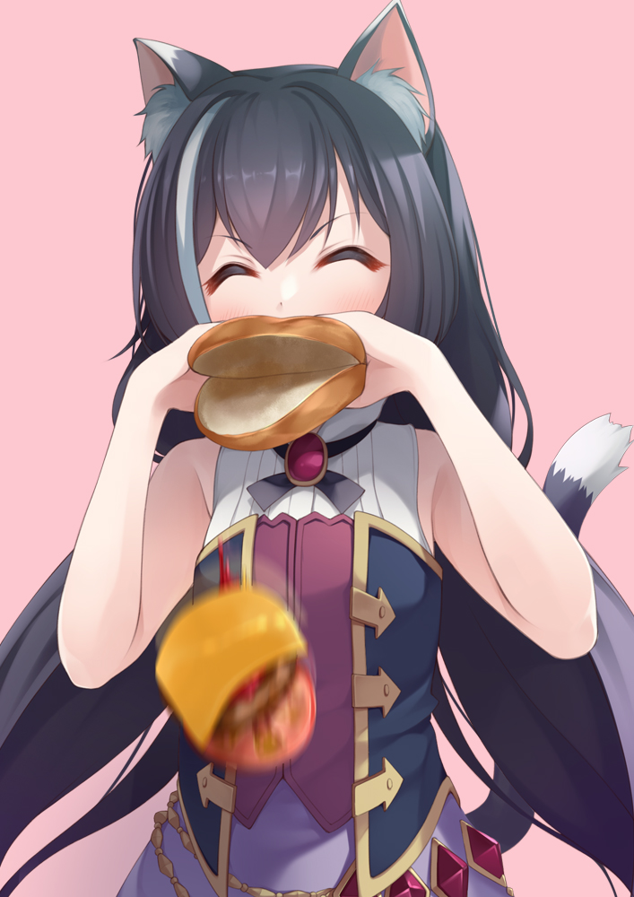 1girl ^_^ animal_ear_fluff animal_ears black_hair cat_ears cat_girl cat_tail closed_eyes commentary_request eating eyebrows_visible_through_hair food hamburger holding holding_food karyl_(princess_connect!) low_twintails mofu_namako multicolored_hair pink_background princess_connect! princess_connect!_re:dive simple_background sleeveless solo streaked_hair tail twintails white_hair