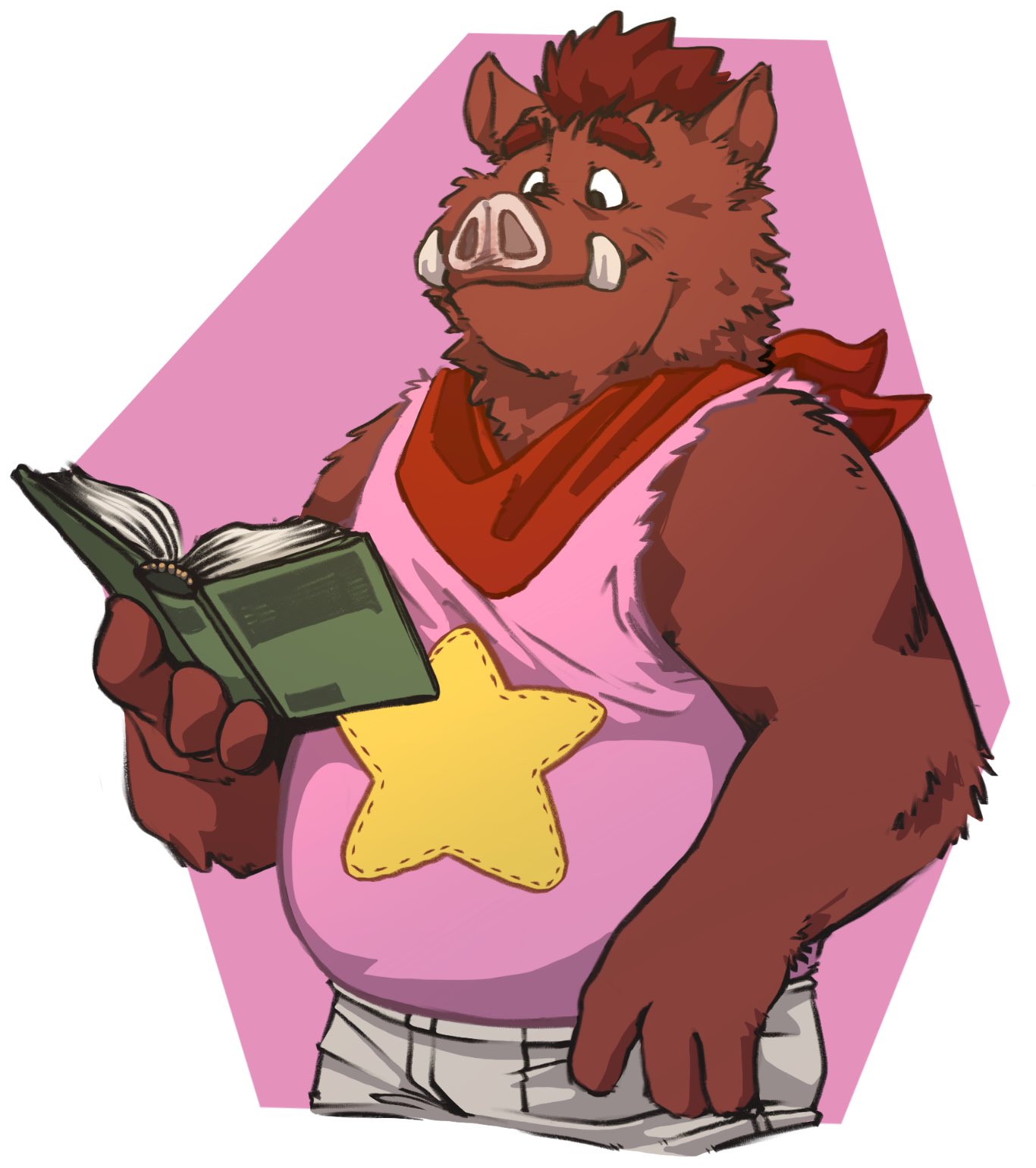 2021 anthro biped book bottomwear brown_body brown_fur clothing fur hi_res leo_zeke male mammal overweight overweight_male pants password_(visual_novel) reading roswell_(password) shirt solo suid suina sus_(pig) topwear video_games visual_novel wild_boar
