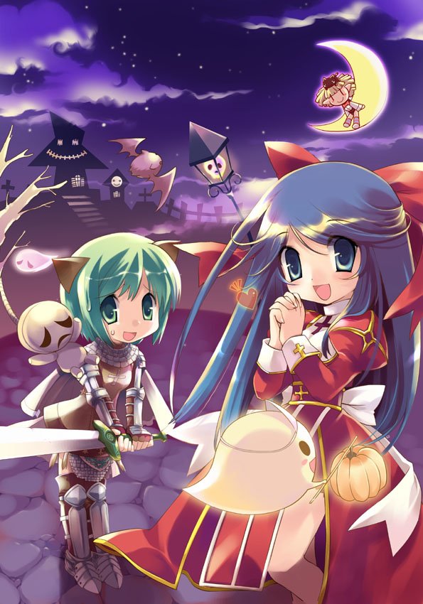 3girls :d animal_ears animal_on_head armor armored_boots bangs bat blue_eyes blue_hair blush boots bow bowtie breastplate brown_cape brown_legwear cape cat cat_ears cat_on_head chainmail closed_mouth commentary_request crescent_moon cross dress eyebrows_visible_through_hair feet_out_of_frame full_body gauntlets ghost gibbet graveyard green_eyes green_hair heart high_priest_(ragnarok_online) holding holding_sword holding_weapon ikusabe_lu juliet_sleeves knight_(ragnarok_online) leotard long_hair long_sleeves looking_at_viewer lude_(ragnarok_online) moon multiple_girls night on_head open_mouth own_hands_together puffy_sleeves pumpkin ragnarok_online red_bow red_dress red_neckwear sky smile socks standing star_(sky) starry_sky sweatdrop sword tombstone tree triangular_headpiece two-tone_dress weapon whisper_(ragnarok_online) white_bow white_dress