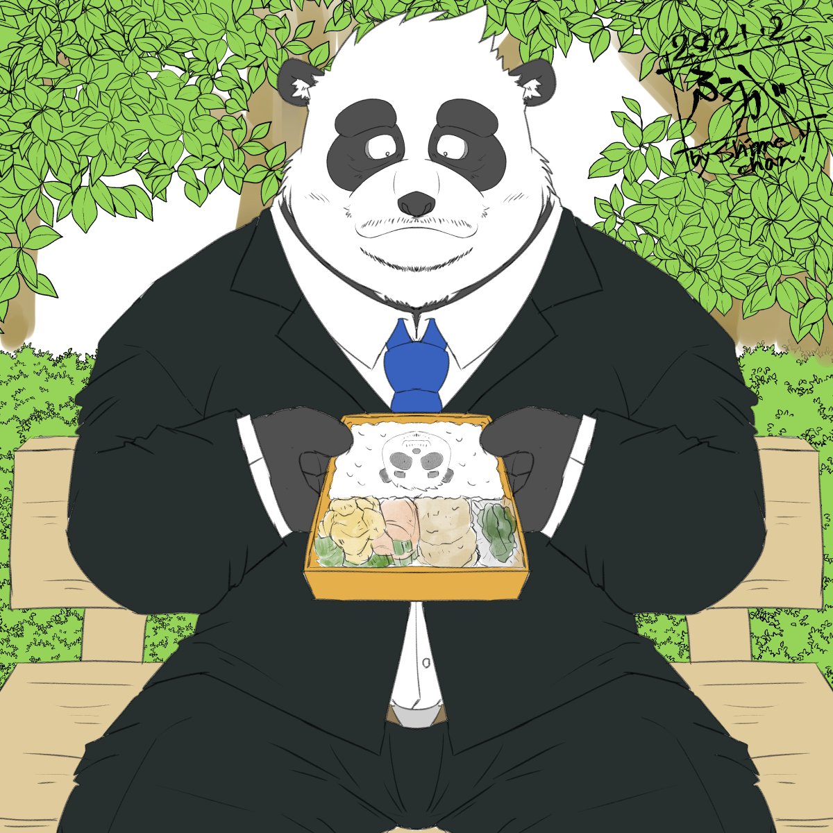 2021 anthro bento_box black_body black_fur black_nose bottomwear clothing fur giant_panda hi_res humanoid_hands kemono male mammal outside pants shirt sitting slightly_chubby solo tanutronik753_k topwear ursid white_body white_fur