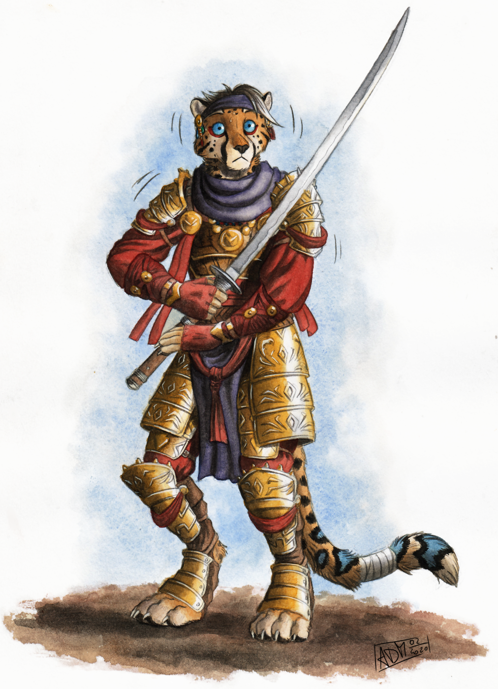 0laffson 2021 4_toes 5_fingers armor blue_eyes cheetah digitigrade feet felid feline fingers fur hi_res holding_object holding_sword holding_weapon mammal melee_weapon spots spotted_body spotted_fur sword toes traditional_media_(artwork) weapon