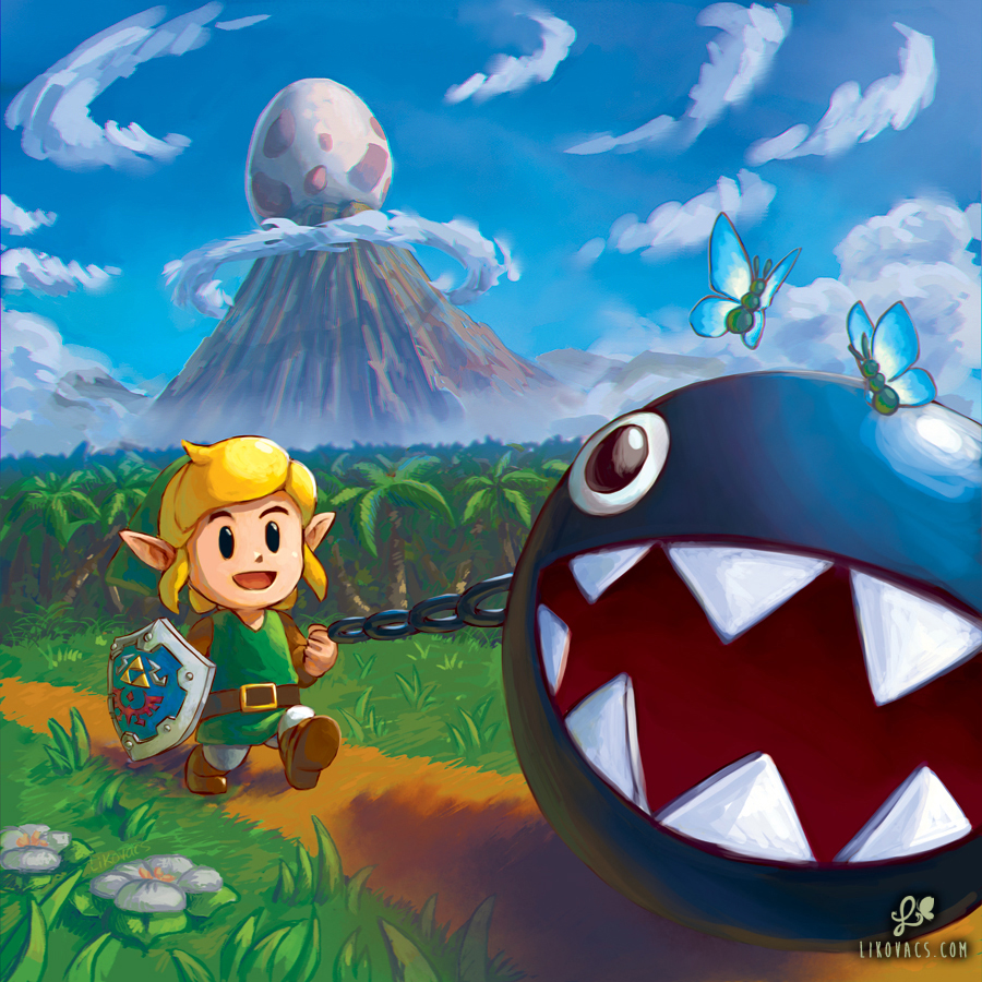 1boy blonde_hair blue_eyes brown_footwear bug butterfly chain chain_chomp cloud day egg english_commentary field flower green_shirt hat holding hylian_shield insect leash likovacs link long_sleeves male_focus mountain open_mouth pointy_ears shield shirt sky smile the_legend_of_zelda the_legend_of_zelda:_link's_awakening tunic walking watermark web_address