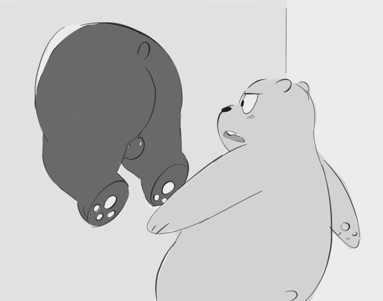 anthro balls blush brown_bear butt cartoon_network duo feet genitals giant_panda grizzly_(wbb) hole_in_wall male male/male mammal monochrome panda_(wbb) paws presenting presenting_hindquarters simple_background sodabox tagme through_wall ursid ursine we_bare_bears