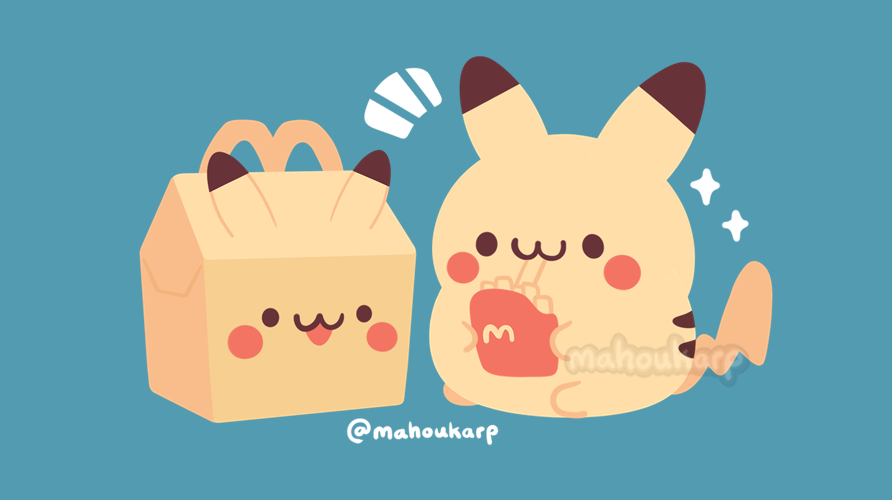 :3 artist_name box commentary eating food french_fries gen_1_pokemon green_background happy_meal holding mahoukarp mcdonald's mouth_hold no_humans pikachu pokemon pokemon_(creature) simple_background sitting smile sparkle watermark