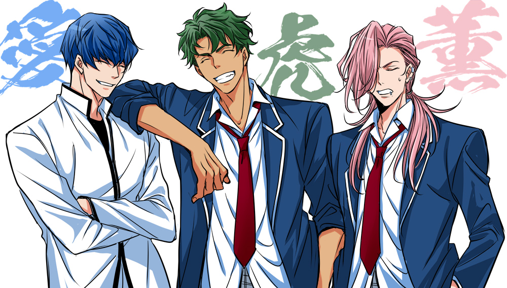 3boys adam_(sk8) arm_at_side blue_hair cherry_blossom_(sk8) closed_eyes crossed_arms facing_viewer green_hair grin hair_over_one_eye joe_(sk8) laughing long_hair male_focus messy_hair multiple_boys necktie pink_hair red_neckwear school_uniform shirt short_hair sisido_(black_candy) sk8_the_infinity smile sweatdrop tan upper_body white_shirt younger