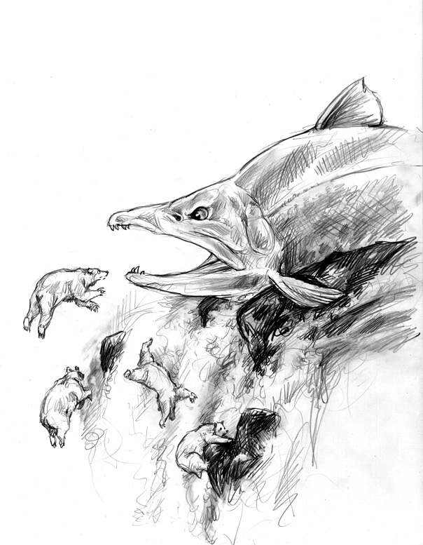 2021 4_toes ambiguous_gender angry brown_bear claws dorsal_fin ears_back eye_contact falling feet feral fin fish fur gills graphite_(artwork) greyscale group humor kenket looking_at_another macro mammal marine monochrome open_mouth outside paws pencil_(artwork) pivoted_ears quadruped rock salmon salmonid_(fish) scared sketch teeth toe_claws toes traditional_media_(artwork) ursid ursine water waterfall