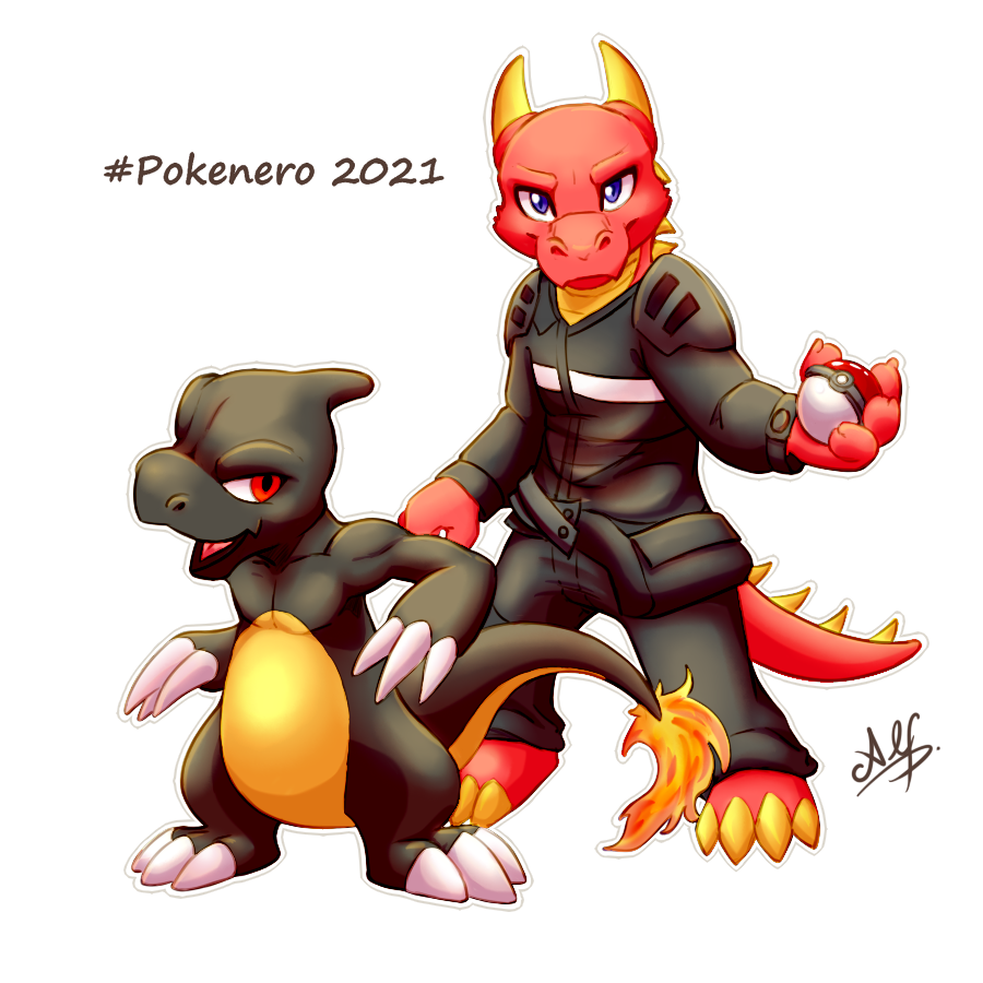 alf_doggo_(artist) alpha_channel ambiguous_gender anthro black_body blue_eyes charmeleon clothing dragon duo feral fire humanoid kairo_achell_(character) looking_at_viewer male nintendo pok&eacute;ball pok&eacute;mon pok&eacute;mon_(species) red_eyes scalie simple_background text transparent_background video_games western_dragon