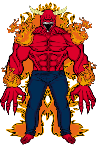 angry bottomwear claws clothing demon denim denim_clothing fire fire_demon horn humanoid jeans male muscular muscular_humanoid muscular_male orange_eyes pants sharp_teeth solo teeth topless_male unknown_artist