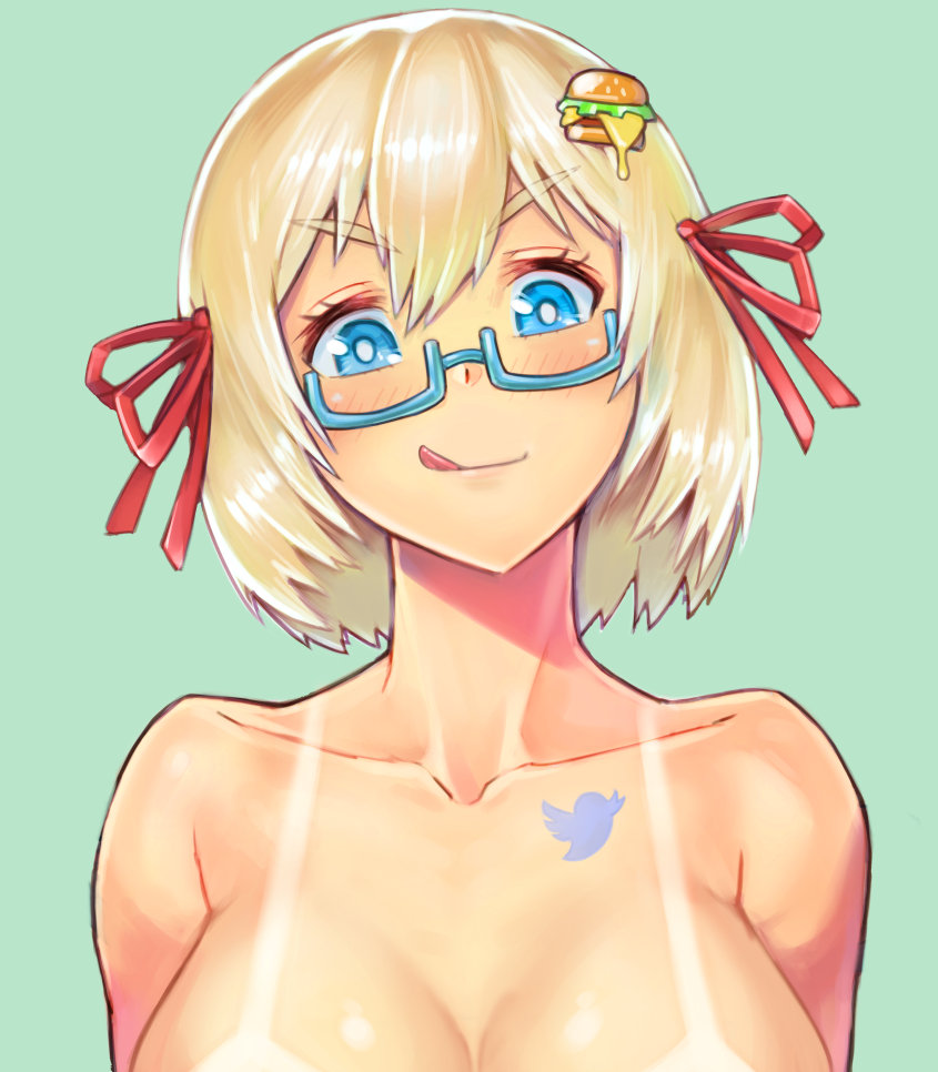 1girl alternate_color alternate_eye_color alternate_hair_color bikini_tan blonde_hair blue-framed_eyewear blue_eyes borrowed_character breasts chest_tattoo collarbone commentary_request dark_skin dark_skinned_female food ganguro glasses hair_ornament hair_ribbon hamburger hamburger-chan_(nekoume) kaga_kasama large_breasts licking_lips naughty_face nude original out-of-frame_censoring red_ribbon ribbon semi-rimless_eyewear solo tan tanline tattoo tongue tongue_out twitter_bird under-rim_eyewear