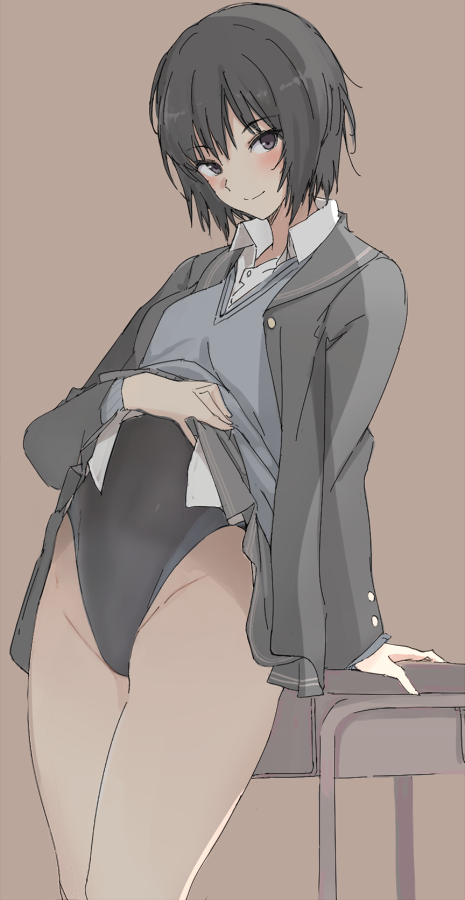 1girl amagami arm_support black_hair black_swimsuit blue_sweater_vest blue_swimsuit blush brown_background brown_eyes commentary competition_swimsuit cowboy_shot desk dress_shirt grey_blazer grey_skirt groin hair_strand highleg highleg_swimsuit kibito_high_school_uniform lifted_by_self light_smile long_sleeves looking_at_viewer mobu nanasaki_ai one-piece_swimsuit pleated_skirt school_desk school_uniform shirt short_hair simple_background skirt skirt_lift solo standing swimsuit swimsuit_under_clothes two-tone_swimsuit white_shirt