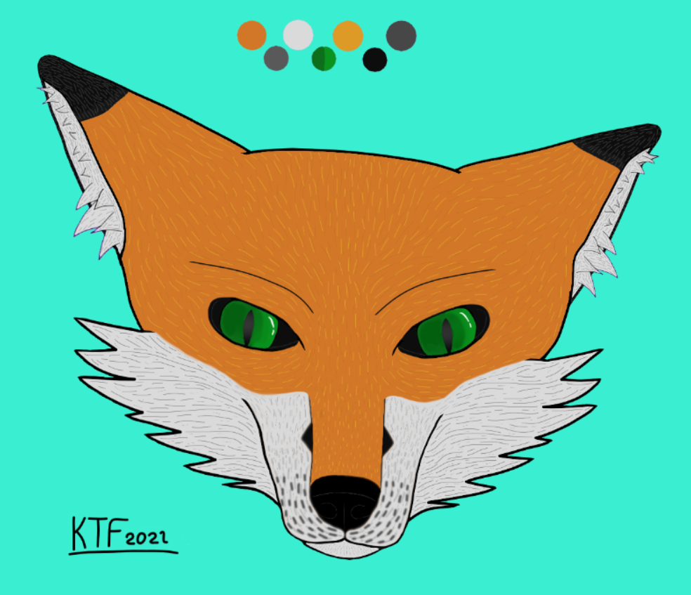2021 ambiguous_gender black_eartips canid canine cheek_tuft color_swatch cyan_background digital_drawing_(artwork) digital_media_(artwork) ear_tuft facial_tuft feral fox fur green_eyes looking_at_viewer mammal orange_body orange_fur signature simple_background solo tuft