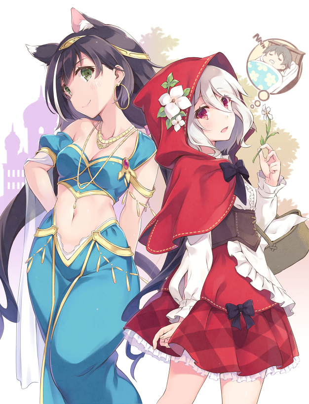 2girls aladdin_(disney) animal_ear_fluff animal_ears apron arabian_clothes arm_at_side arms_behind_back bangs black_bow black_hair blue_pants blush bow capelet cat_ears cat_girl cat_tail commentary_request cosplay crop_top detached_sleeves dress earrings eyebrows_visible_through_hair flower frilled_apron frilled_skirt frills gold_necklace green_eyes hand_up harem_outfit harem_pants holding holding_flower hood hooded_capelet itoichi. jasmine_(disney) jasmine_(disney)_(cosplay) jewelry karyl_(princess_connect!) kokkoro_(princess_connect!) little_red_riding_hood little_red_riding_hood_(grimm) little_red_riding_hood_(grimm)_(cosplay) long_hair long_sleeves looking_at_viewer multiple_girls navel necklace off_shoulder pants ponytail princess_connect! princess_connect!_re:dive red_capelet red_dress red_eyes red_skirt ribbon-trimmed_capelet ribbon-trimmed_dress short_sleeves sidelocks single_strap skirt smile tail thought_bubble very_long_hair white_apron white_flower white_hair yuuki_(princess_connect!)