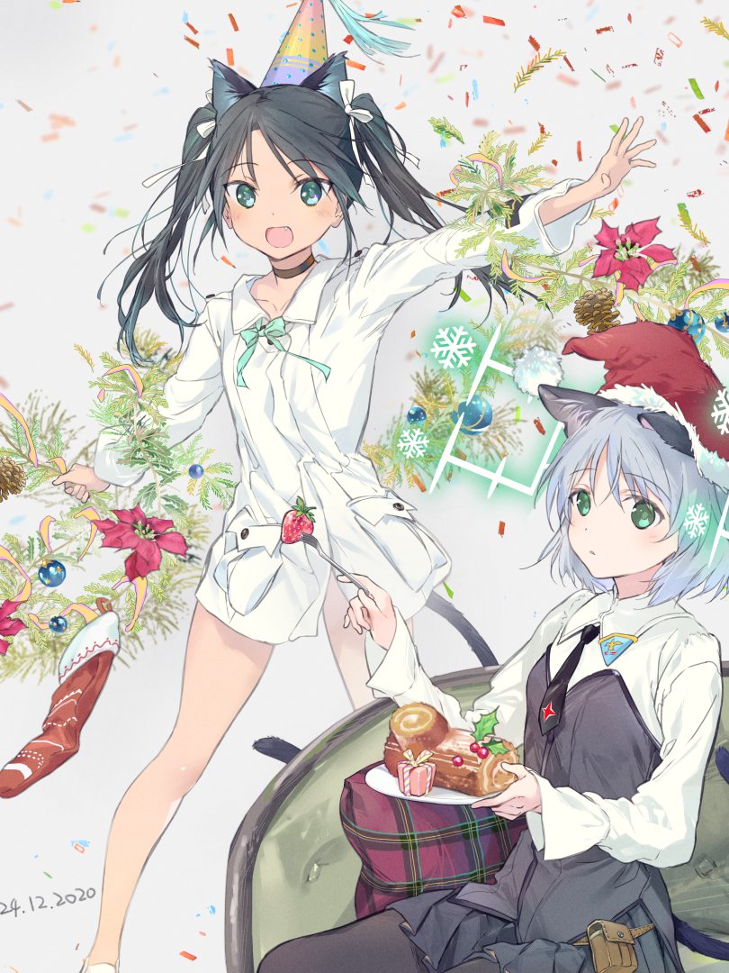 2girls animal_ears black_hair black_skirt cat_ears cat_tail christmas_ornaments christmas_stocking food francesca_lucchini fruit gift green_eyes hat hirschgeweih_antennas military military_uniform multiple_girls necktie party_hat plant pouch santa_hat sanya_v_litvyak shirt silver_hair sitting skirt strawberry strike_witches tail uniform white_shirt world_witches_series wss_(32656138) yule_log