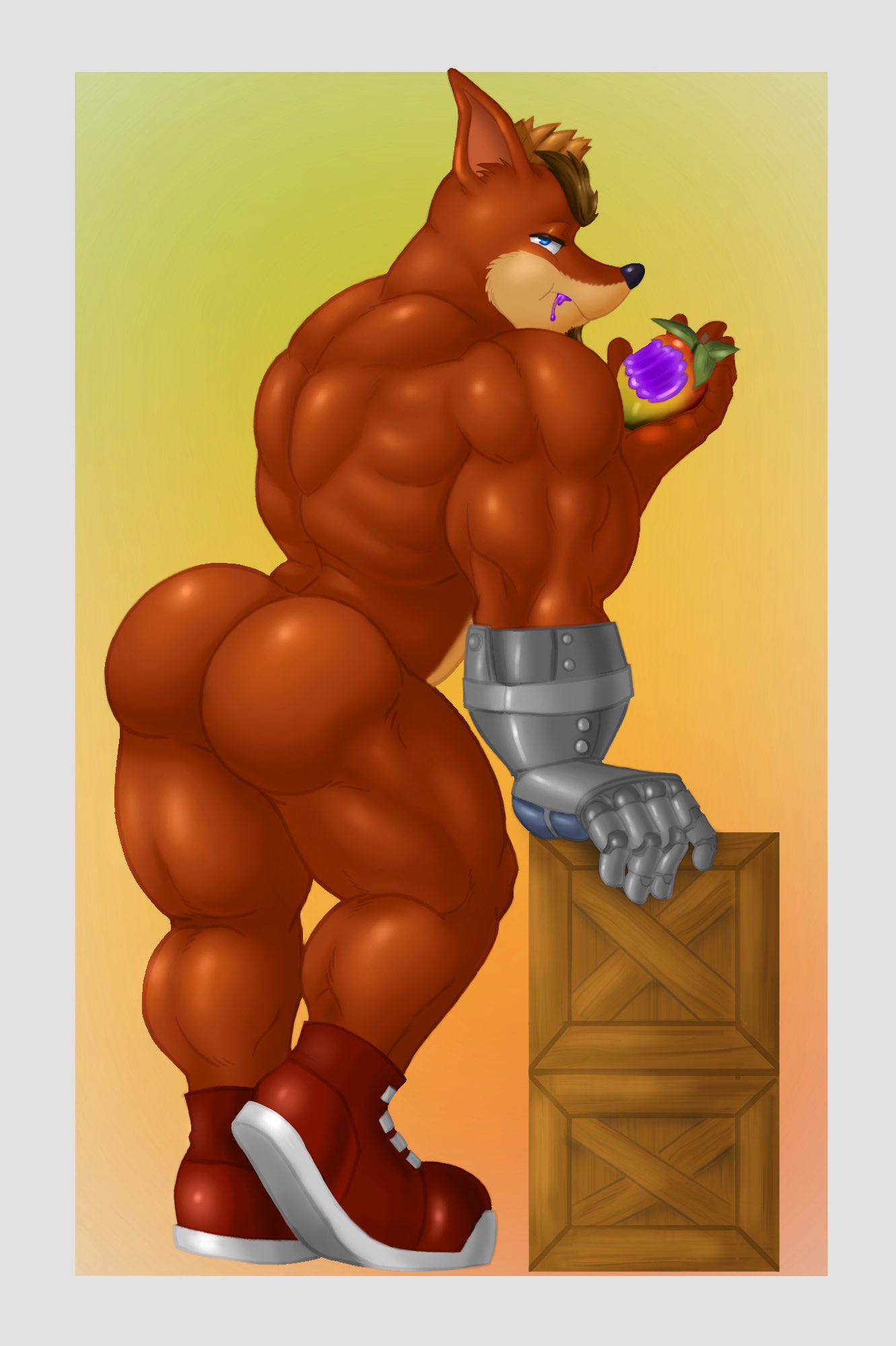 activision anthro arched_back arm_support back_muscles bandicoot blue_eyes border butt butt_focus clothing crash_bandicoot_(series) crate crunch_bandicoot dripping eating food footwear footwear_only fruit fur hi_res holding_food holding_fruit holding_object hunnipanda looking_at_viewer male mammal marsupial mostly_nude muscular muscular_anthro muscular_male narrowed_eyes plant prosthetic prosthetic_arm prosthetic_limb rear_view red_body red_clothing red_footwear red_fur red_shoes shoes shoes_only solo video_games wumpa_fruit