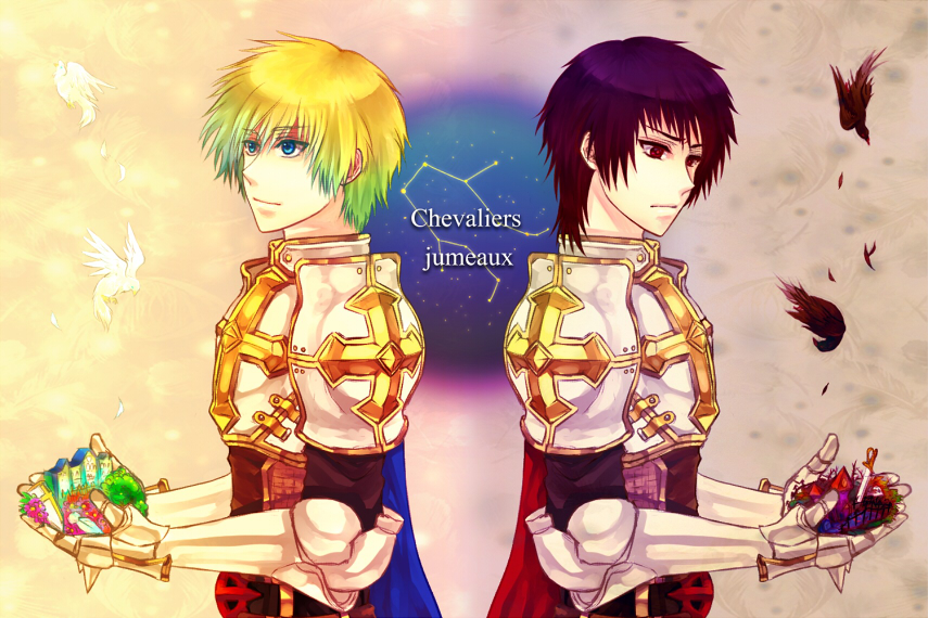 2boys armor bangs bird blonde_hair blue_cape blue_eyes breastplate cape chainmail closed_mouth commentary_request constellation cross dead_animal eyebrows_visible_through_hair flying french_text frown gauntlets gradient_hair graveyard green_hair house looking_to_the_side lord_knight_(ragnarok_online) male_focus multicolored_hair multiple_boys pauldrons planted_sword planted_weapon purple_hair ragnarok_online red_cape red_eyes red_hair retgra short_hair shoulder_armor skull smile spiked_gauntlets sword tabard translated tree upper_body weapon