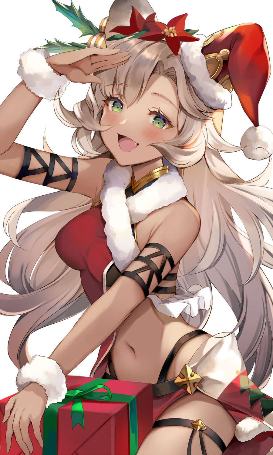 1girl animal_ears aoi_(kirabosi105) bangs bare_shoulders blush box breasts character_request christmas commentary_request erune eyebrows_visible_through_hair fang flower fur_trim gift gift_box granblue_fantasy green_eyes hair_flower hair_ornament hat highres long_hair looking_at_viewer medium_breasts midriff navel open_mouth santa_hat simple_background sleeveless smile solo stomach thigh_strap thighs very_long_hair white_background
