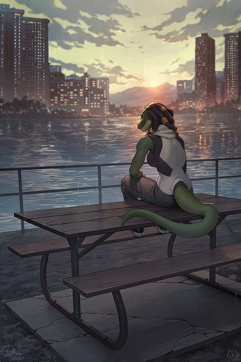 2021 2:3 amazing_background anthro bottomwear breasts city city_background cityscape clothing collaboration crocodile crocodilian crocodylid day detailed detailed_background female hi_res non-mammal_breasts orphen-sirius outside pants reptile scalie sitting sky solo water wildering