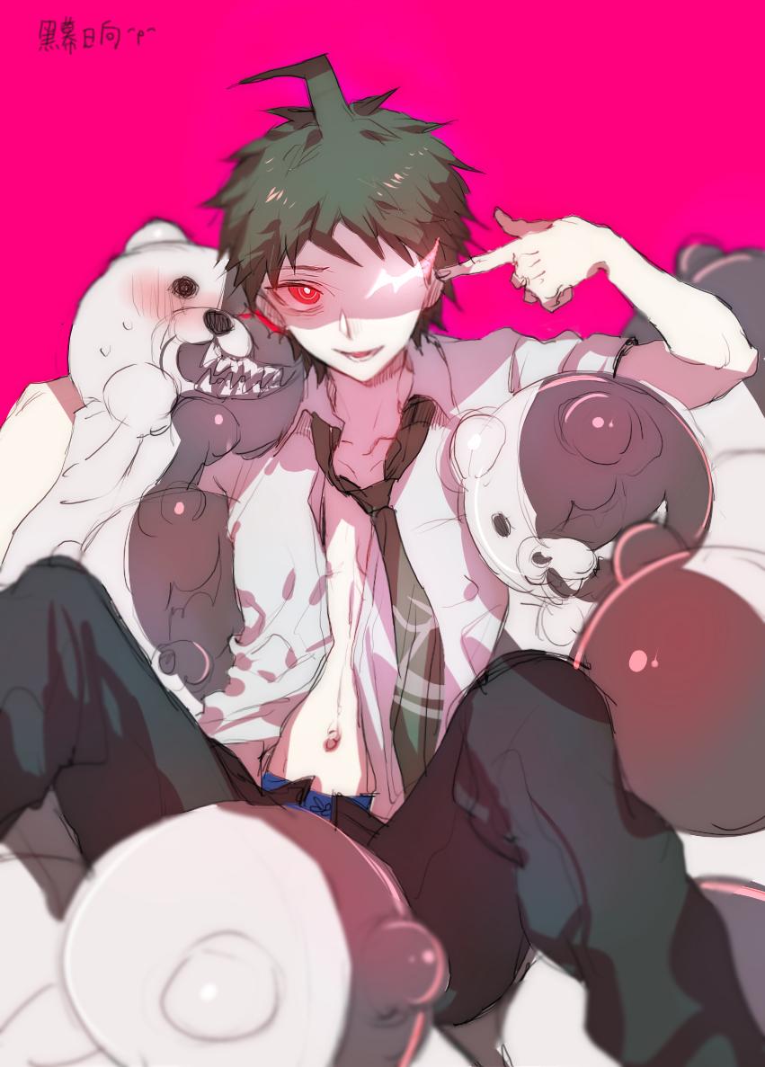 1boy bangs black_pants brown_hair collarbone collared_shirt commentary_request danganronpa_(series) danganronpa_2:_goodbye_despair hinata_hajime looking_at_viewer lower_teeth male_focus monokuma navel necktie open_clothes open_mouth open_shirt pants pink_background red_eyes sharp_teeth shirt short_hair sitting sketch smile solo teeth white_shirt zuizi