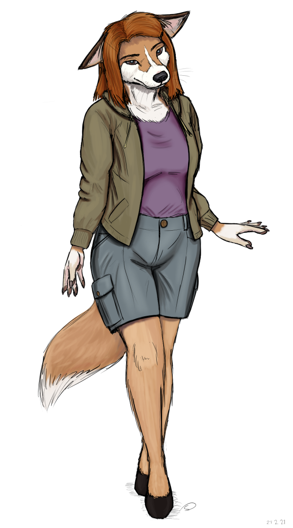 2021 anthro bottomwear breasts brown_body brown_fur canid canine canis clothed clothing dipstick_tail domestic_dog female fizzymus fur hair mammal mina_vanek multicolored_tail orange_hair shorts simple_background solo whiskers white_background