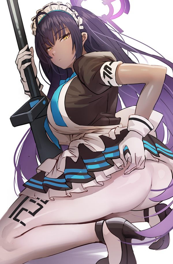1girl apron ass bangs banned_artist blue_archive boys_anti_tank_rifle clothes_writing dark_skin dark_skinned_female eyebrows_visible_through_hair gloves gun halo high_heels holding holding_gun holding_weapon karin_(blue_archive) kkamja long_hair looking_at_viewer pantyhose puffy_short_sleeves puffy_sleeves purple_hair short_sleeves simple_background solo squatting weapon white_apron white_background white_gloves white_legwear yellow_eyes