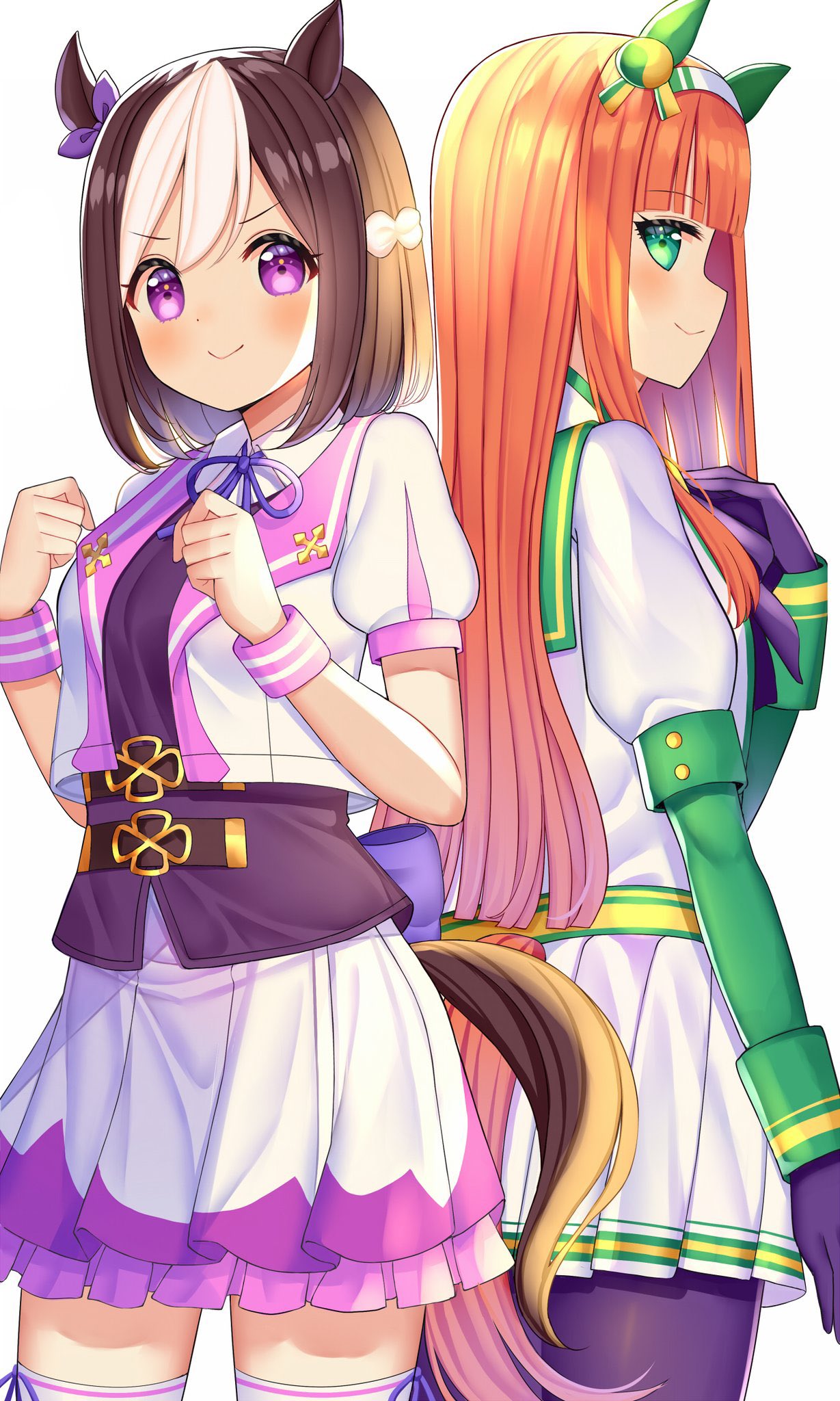 2girls animal_ears back-to-back bangs black_gloves black_legwear blunt_bangs bow brown_hair commentary_request ear_covers ear_ribbon gloves green_eyes green_sailor_collar hairband highres horse_ears horse_girl horse_tail long_hair mizukoshi_(marumi) multicolored_hair multiple_girls orange_hair pantyhose purple_bow purple_eyes purple_skirt sailor_collar short_hair short_sleeves silence_suzuka simple_background skirt special_week tail thighhighs two-tone_hair umamusume white_background white_hair white_skirt wrist_cuffs