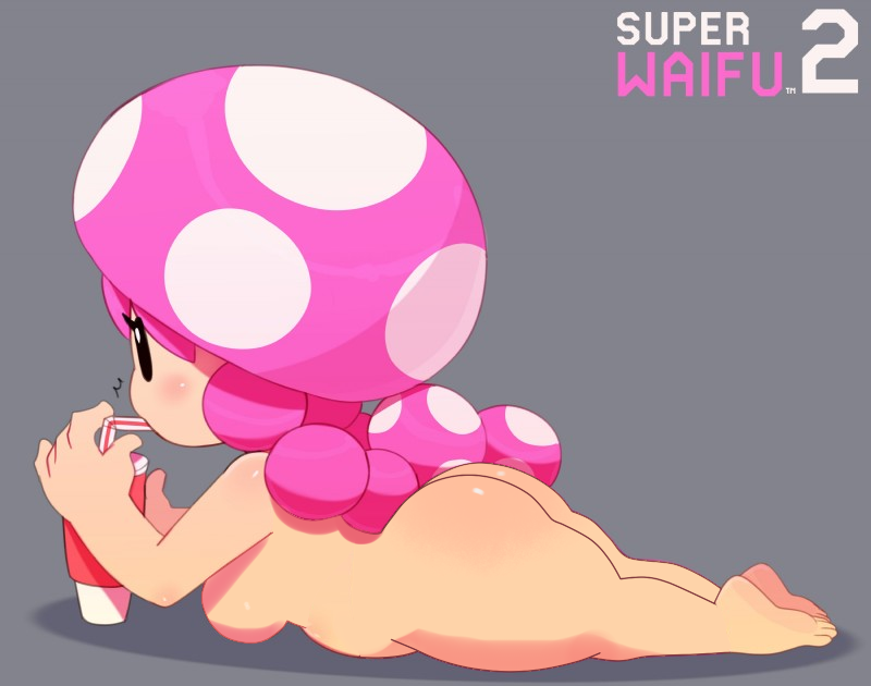 big_butt blush breasts butt cup drinking edit feet female glistening glistening_body hair humanoid long_hair lying mario_bros nintendo not_furry nude nude_edit on_front pink_hair simple_background slightly_chubby soles solo somescrub straw thick_thighs toad_(mario) toadette video_games