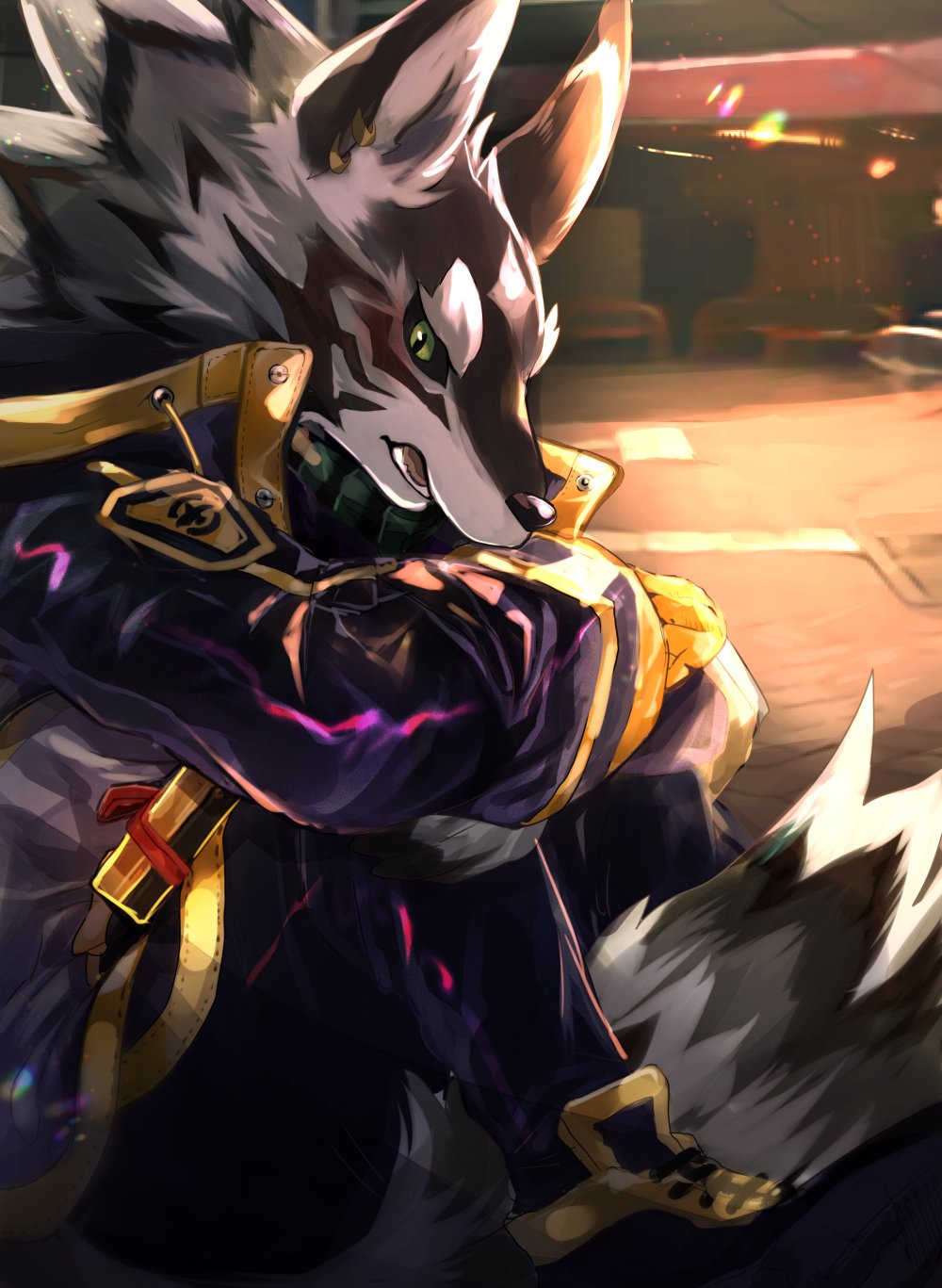 anthro canid canine canis clothed clothing fur green_eyes hi_res jackal male mammal ohayashi55 piercing seth_(tas) tokyo_afterschool_summoners video_games