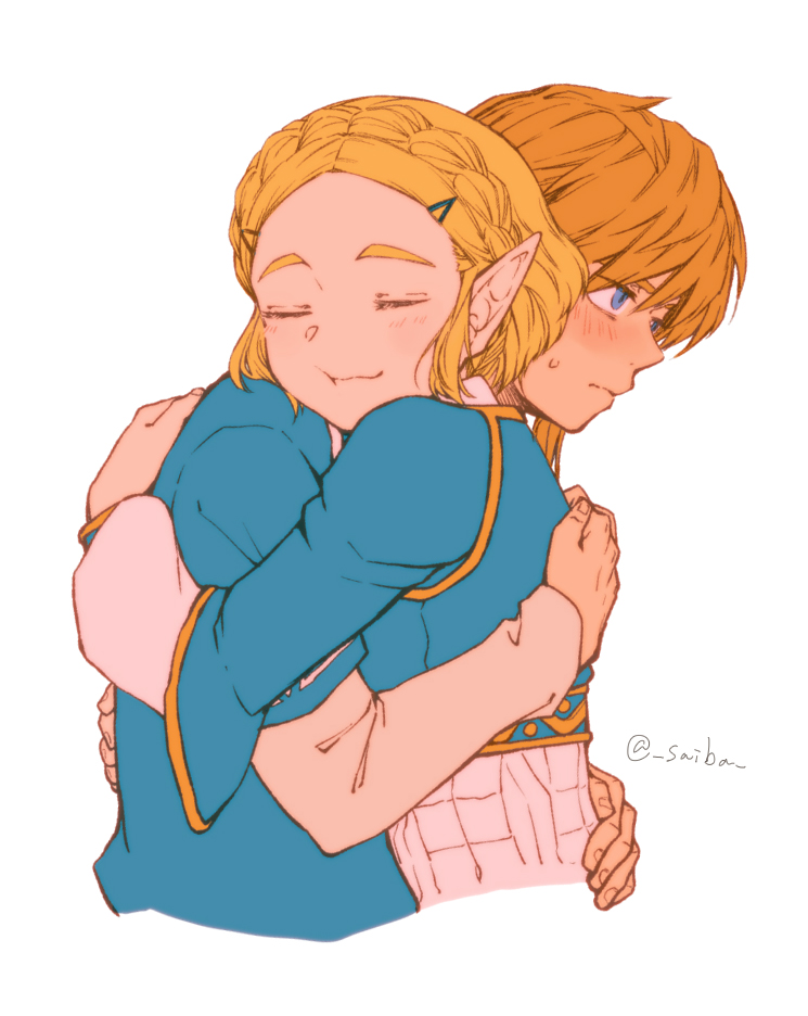 bangs blonde_hair blue_eyes blush braid closed_eyes closed_mouth commentary_request embarrassed from_side hair_between_eyes hair_ornament hairclip hug link long_sleeves looking_away medium_hair parted_bangs princess_zelda saiba_(henrietta) shirt sidelocks simple_background sweatdrop the_legend_of_zelda the_legend_of_zelda:_breath_of_the_wild thick_eyebrows twitter_username upper_body white_background