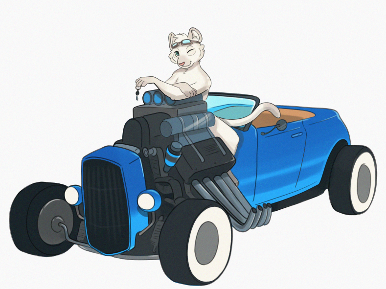anthro car chassis engine evil_merlin42 eyewear eyewear_only felid female ford fur goggles goggles_on_head goggles_only green_eyes keys lion looking_at_viewer mammal nude one_eye_closed pantherine pink_nose simple_background sitting sitting_on_car smile smiling_at_viewer solo supercharger vehicle wheels white_background white_body white_fur wink