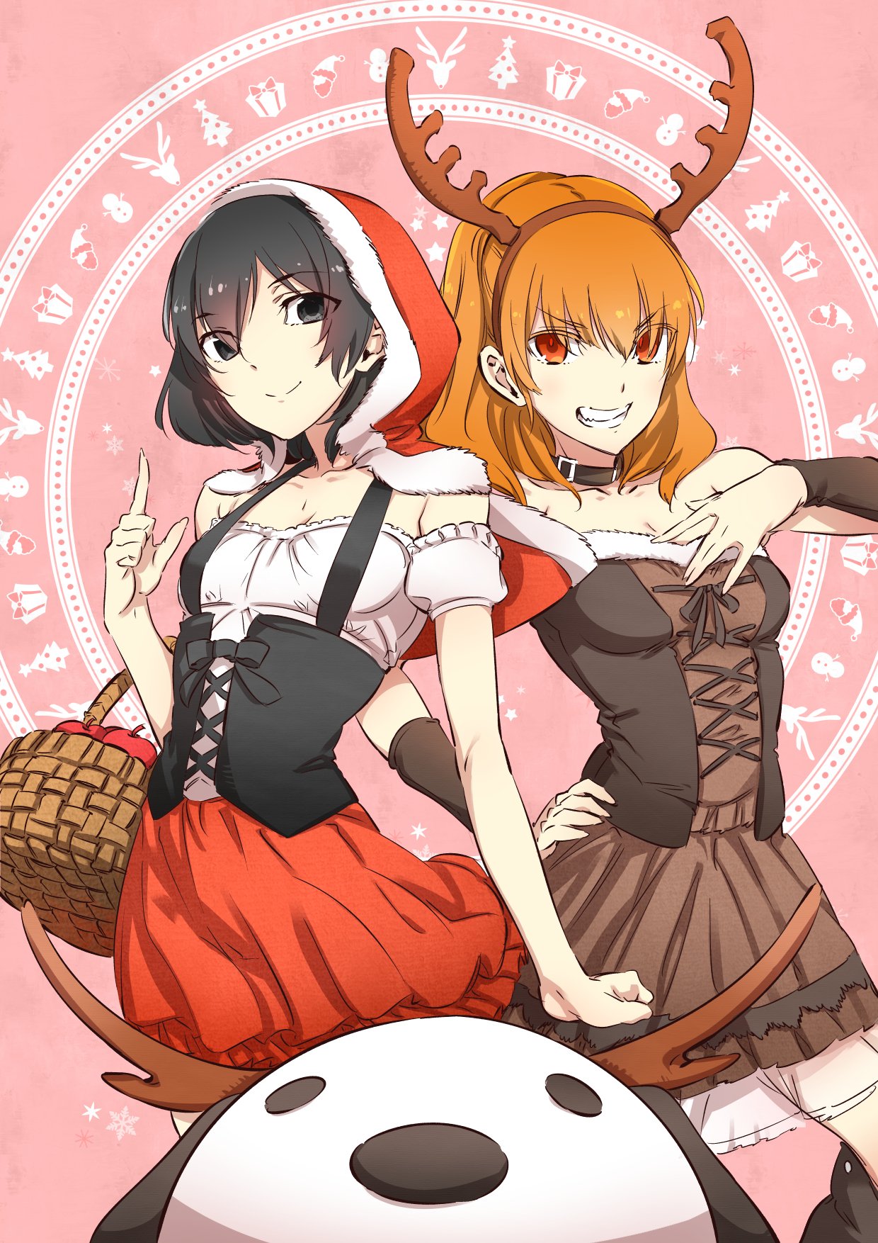 2girls akame_ga_kill! animal_costume antlers apple bangs basket black_choker black_eyes black_hair black_legwear breasts brown_dress brown_hair buckle bustier cape capelet choker cleavage closed_mouth collarbone corset dress eyebrows_visible_through_hair fake_antlers food fruit fur-trimmed_cape fur-trimmed_dress fur_trim grin hair_between_eyes hand_on_hip hekatonkheires highres holding holding_basket hood hood_up hooded_capelet index_finger_raised kurome_(akame_ga_kill!) layered_skirt long_hair looking_at_viewer miniskirt multiple_girls pink_background pleated_dress pleated_skirt red_apple red_cape red_eyes red_skirt reindeer_antlers reindeer_costume seryu_ubiquitous shiny shiny_hair short_dress skirt sleeveless sleeveless_dress small_breasts smile strapless strapless_dress suspenders tashiro_tetsuya thighhighs