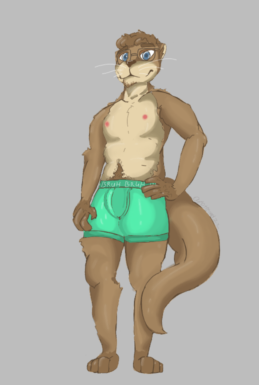 anthro blue_eyes body_hair boxer_brief boxers_(clothing) bulge clothing eyewear glasses hand_on_hip happy happy_trail looking_at_viewer lutrine male mammal model_sheet mostly_nude mustelid nipples outottered22_(artist) paws pose pubes solo standing tuft underwear whiskers