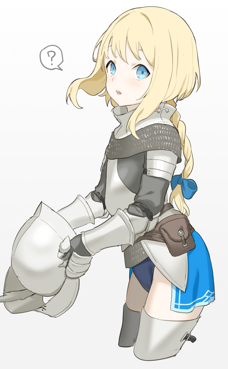 1girl :o ? armor belt belt_pouch blonde_hair blue_eyes bow braid breastplate brown_belt cowboy_shot cropped_legs developing_country's_vanguard_(km_yama) from_side gauntlets greaves hair_bow helmet highres holding holding_helmet km_yama leotard looking_at_viewer looking_to_the_side mail original parted_lips pouch purple_leotard round_teeth simple_background single_braid solo spoken_question_mark standing symbol_commentary teeth upper_teeth waist_cape white_background