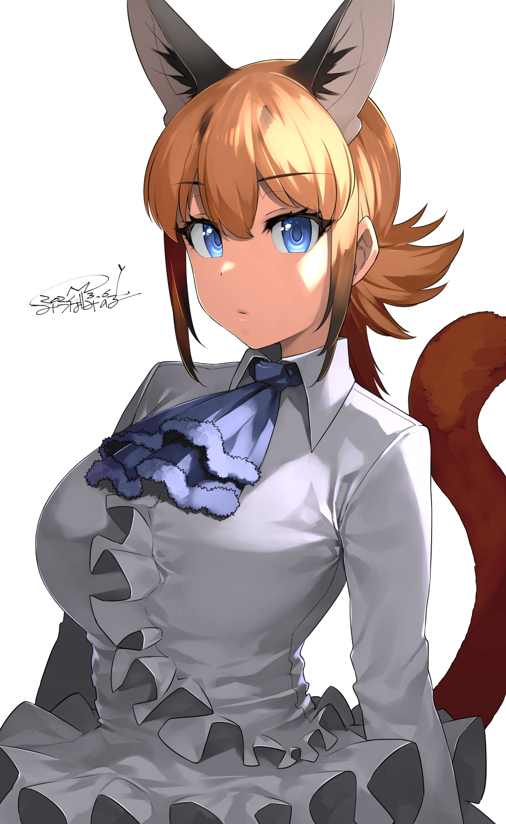 1girl alternate_costume animal_ear_fluff animal_ears ascot bangs blue_eyes blue_neckwear breasts caracal_(kemono_friends) caracal_ears caracal_tail commentary dated dress expressionless extra_ears eyebrows_visible_through_hair hair_between_eyes happa_(cloverppd) highres kemono_friends large_breasts long_hair long_sleeves looking_at_viewer orange_hair signature simple_background solo tail upper_body white_background white_dress wing_collar